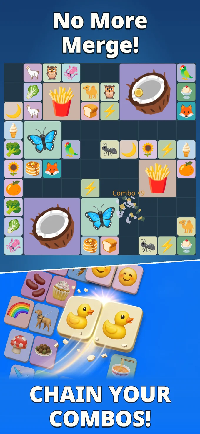 Game promotion showing matching emoji blocks and combo effects