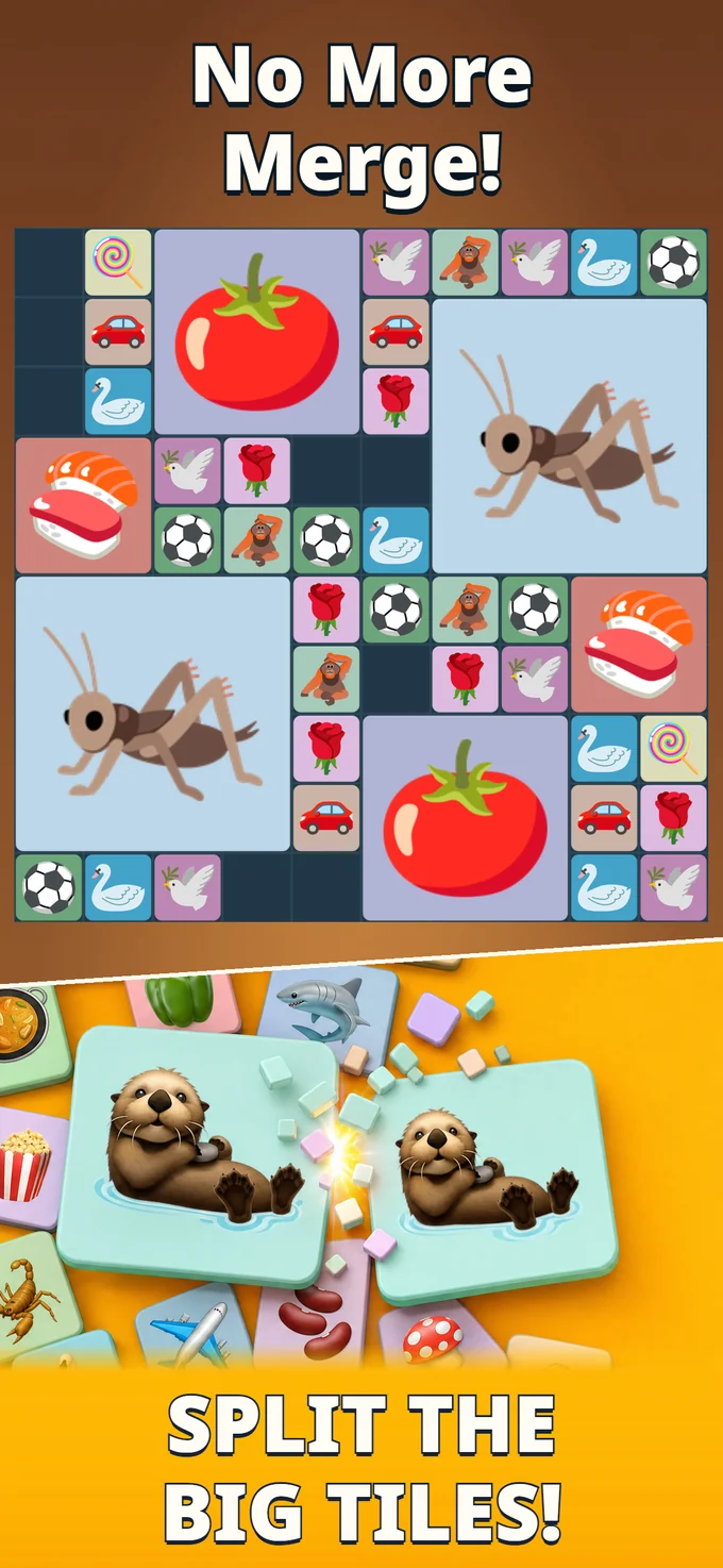 Game promotion showing larger blocks splitting into smaller matching pieces